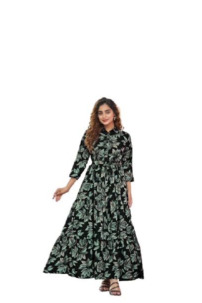 Black Crepe Fabric no Transparency Front Button Open Pattern Floral Print Gown Bishop Sleeves with Elastic Cuffs with Belt Gown-image-25