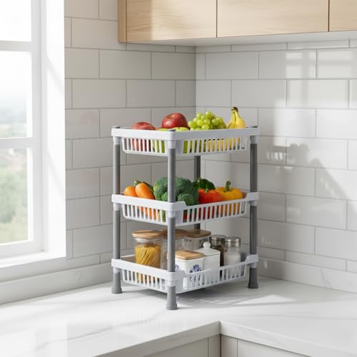 Image of Oblivion 3 Layer Kitchen Storage Rack 1 Pc - Multiuse Kitchen Organiser Rack - Space-Saving Vertical Organizer for Vegetables, Fruits, Utensils & Pantry Essentials, Durable Metal Storage Stand
