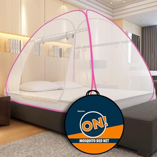 Image of Supreme On Single Bed Mosquito Net with Pocket for Mobile, Spectacles; 6.5 Feet x 4 Feet Premium Machardani, Strong and Durable, 30 GSM, Tent Type, Foldable, Corrosion Resistant, Pink Color