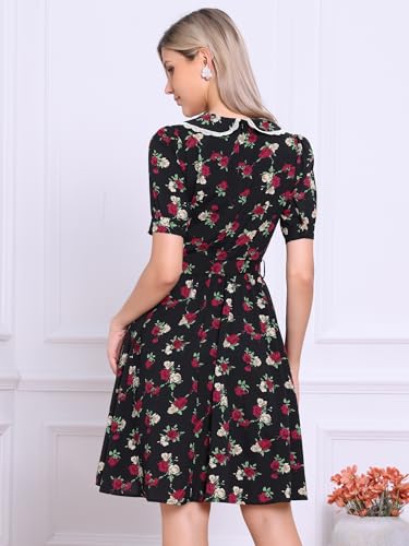 Image of Allegra K Women's Vintage Peter Pan Collar High Waist Flowy Midi Puff Sleeve Floral Dress