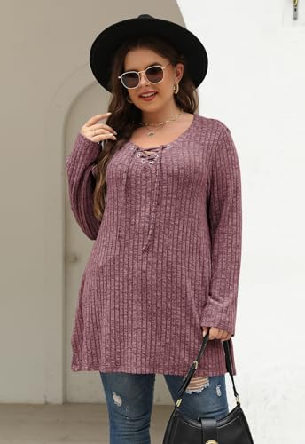 Image of Nemidor Women Plus Size Casual Tunic Top Drawstring V Neck Long Sleeve