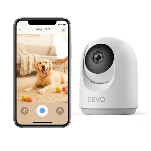 Image of Devo Indoor Security Camera for Home, 2K 360 Pan-Tilt Pet Dog Baby Monitor Camera with Phone App, WiFi Smart Camera Motion Detection, Color Night Vision, 2-Way Audio, 256GB SD White
