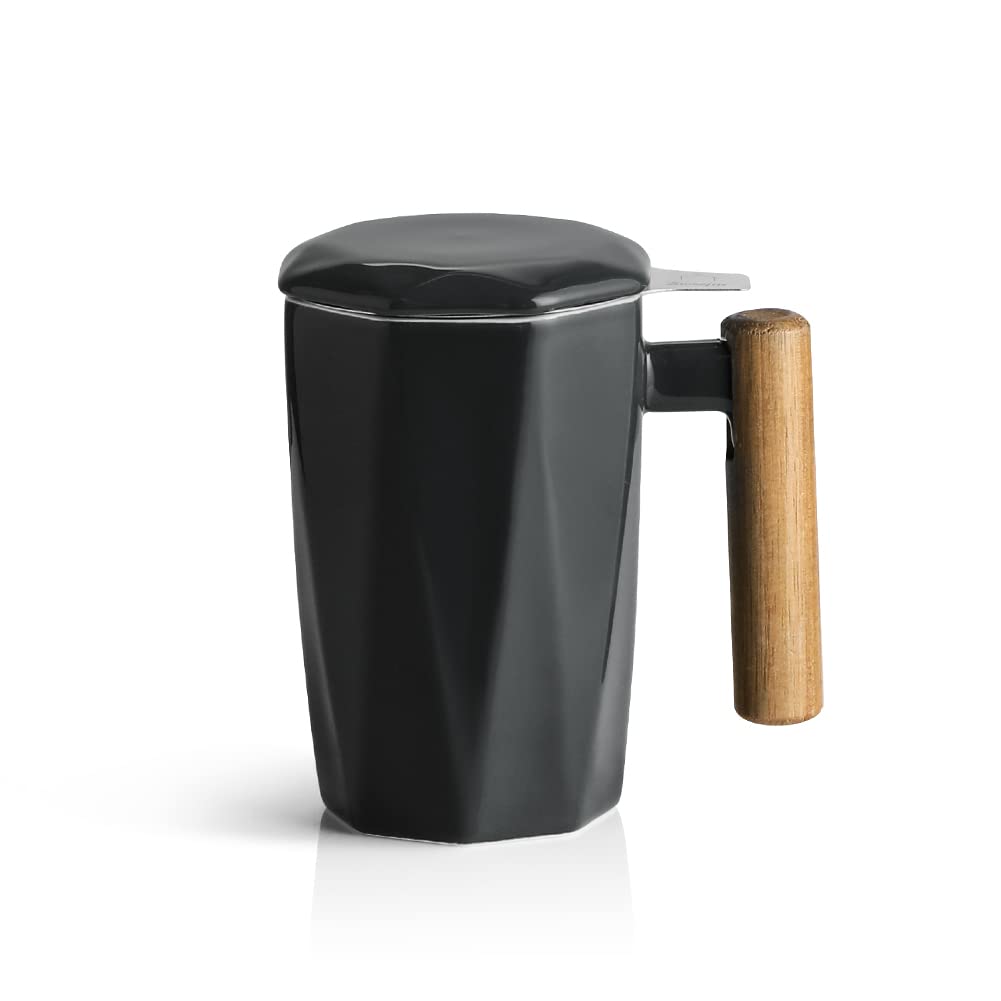 SweejarCeramic Tea Infuser Cup with Lid, Wooden Handle Tea Cup with Strainers for Loose Leaf Tea, 17 oz Geometric Shape Coffee Mug,Tea Steeping Mug with Infuser, Women Christmas Gift (Black)