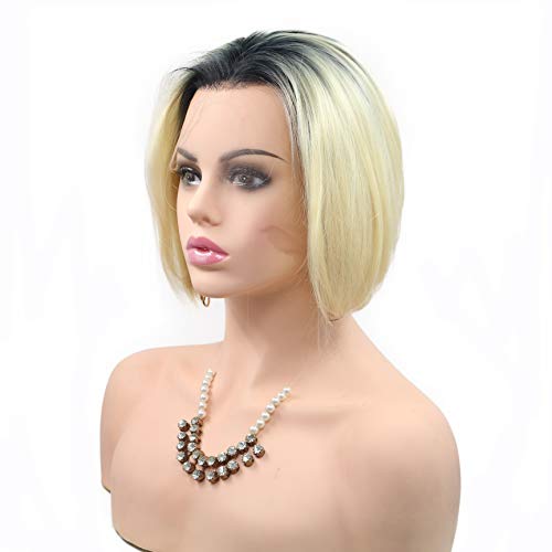 High Temperature Short Bob Wigs For Drag Queen Natural Hairline Free Part Dark Roots Ombre Blonde Two Tone Synthetic Lace Front Wigs For Women Girls Cosplay Party Glueless Short Hair 14"