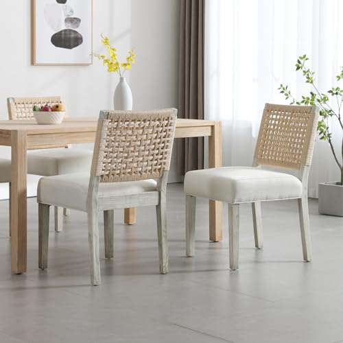LZAREAL Farmhouse Dining Chairs Set of 4 Linen Fabric Upholstered Accent Side Chair, Mid Century Modern Kitchen & Dining Room Chairs with Woven Rope Back for Home, Living Room, Bedroom - White