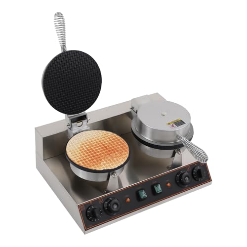 Waffle Cone Maker, Commercial Ice Cream Cone Waffle Maker Machine with Two Baking Pans, Adustable Temperature and Time Electric Non-Stick Double Egg Roll Machine for Egg & Ice Cream Rolls
