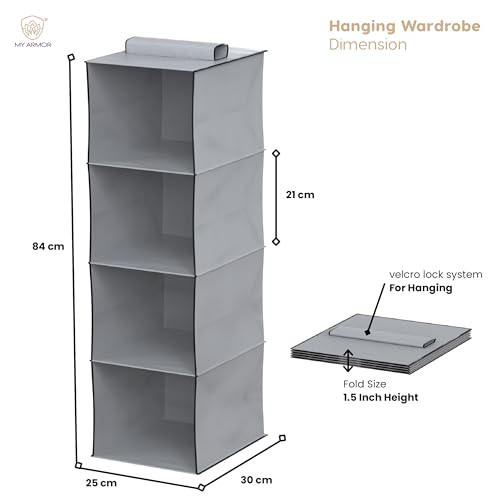Image of MY ARMOR Hanging Shelf Cloth Storage Organizer, Universal Fit Hanging Closet Organizer for Wardrobe, 10 x 12 x 35 Inches (Grey, 4 Tier Shelf Pack of 2)