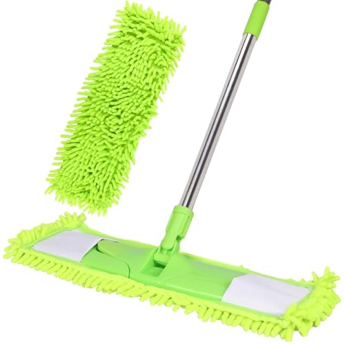 Dust Mop for Floor Cleaning with 2 Washable Chenille Pads and Extendable 58 Long Handle Dry Wet Flat Mop with Scouring Pad for Hardwood Laminate Tile Marble (Green)