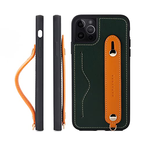 iPhone13 Pro Max ケース 本革 グリップケース レザー ストラップ付属 イタリア製牛革 ヌメ革 片手操作 カード収納 スタンド機能 メンズ レディース グリーン/オレンジ CGH-13ProMax-Green-OG