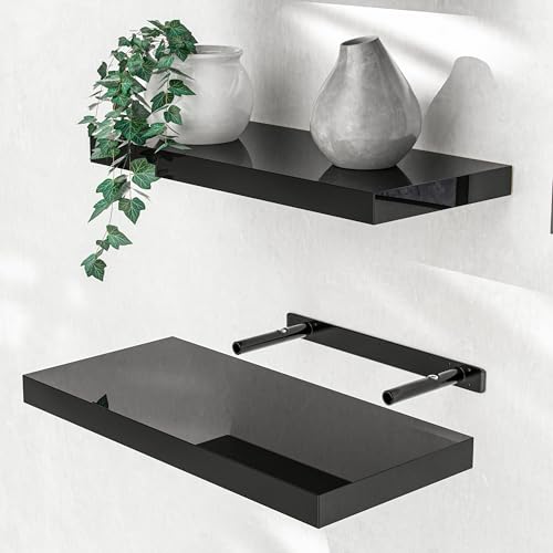 Casaria® Wandregal Holz Schwarz Regal mit Halterung 15kg Tragkraft Hängeregal Küche Wohnzimmer Flur Wand Schweberegal Bücherregal Regalbrett Schwebend Hochglanz 50cm