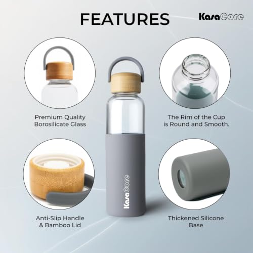 Image of Borosilicate Glass Water Bottle 500 ml | Leakproof Bamboo Lid & Silicone Sleeve | BPA Free Reusable Drinking Bottle for Office, Gym, Travel & Daily Use (Grey)