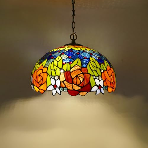 Jgwsmq Tiffany Kitchen Island Pendant Light Rose Stained Glass Chandelier Victorian Hanging Lighting Fixture For Dining Living Room Study Hallway,15 Inch cover