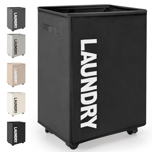 Rieeyrslza Bac à Linge avec Roues 65L Pliant Corbeilles à Linge Tissu Oxford Grand Panier à Linge Trieur de Blanchisserie avec Poignées, Stockage de Couvertures Vêtements Oreillers (Noir)