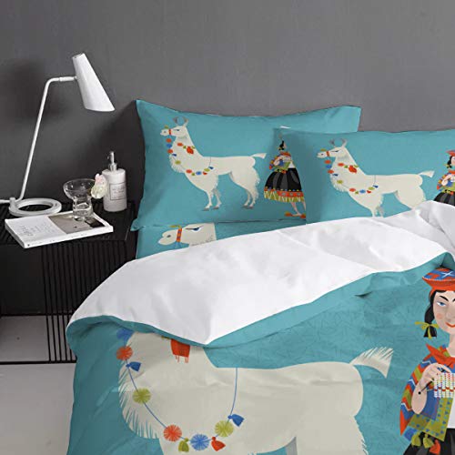 Meet 1998 Soft 4 Pieces Duvet Cover Set Cartoon Alpaca Girl Duvet Cover Set Luxury Bedding Set With Zipper Closure For Childrens/Kids/Teens/Adults Home Decor Ethnic Blue Twin #TOP3