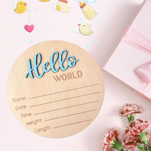 Image of Baby Announcement Sign, 5.9 Inch Wooden Hello World Newborn Signs, Birth Announcement Sign, Baby Shower Hospital Nursery for Newborn Boys and Girls (Sky blue)