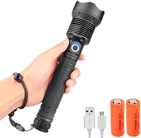 LED Torch Rechargeable 20000 Lumen Super Bright XHP70 LED Tactical Military Flashlight Adjustable Focus 3 Modes Waterproof Handheld Torch for Camping Emergency Hiking