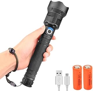 LED Torch Rechargeable 20000 Lumen Super Bright XHP70 LED Tactical Military Flashlight Adjustable Focus 3 Modes Waterproof Handheld Torch for Camping Emergency Hiking