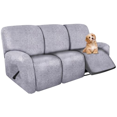 Image of molasofa Recliner Sofa Covers - 8 Pieces Stretch Leather Like Large Couch Covers for 3 Seats Reclining Slipcovers Soft Jacquard Pattern Furniture Protector with Elastic Bottom (marbling)