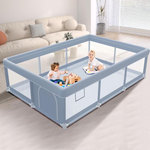 Image of XVISHX 74 x 50 Inch Baby Playpen, Playpen for Babies and Toddlers, Baby Play Pen Playard for Indoor & Outdoor Active Center Game Fence, with Skin-Friendly Fabric and Soft Breathable Mesh, Grey