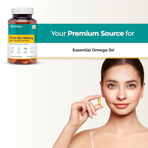 Image of PharmEasy Omega 3 Fish Oil 1000mg Softgel Capsules with 180mg EPA & 120mg DHA for Men & Women, Supports Heart, Brain, Eye & Joint Health, Pack of 60