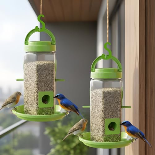 Image of FORREVER Bird Feeder & Water Dispenser for Balcony-Garden | Hanging Seed Feeder with Water Tray | Sparrow, Parrot & Small Bird Feeder | Easy-Clean, Outdoor Feeding Station (Set of 2)