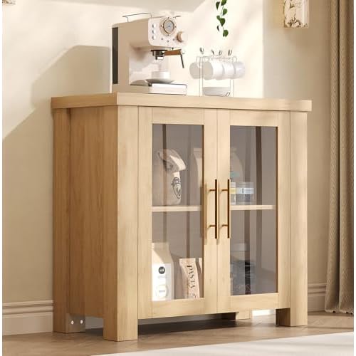 Garvee Buffet Cabinet with Storage, 31.5" Sideboard Credenza with Tempered Glass Doors, Wood Buffet Table for Living Room, Dining Room, Kitchen, Natur