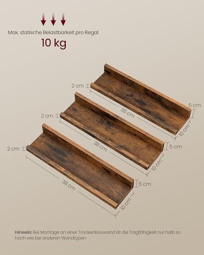 VASAGLE Wandregale, 3er Set, Schweberegale, Breite 38 cm, erhöhte Vorderkante, für Bilderrahmen, Dekoartikel, Gewürzgläser, für Küche, Wohnzimmer, vintagebraun LWS037X01