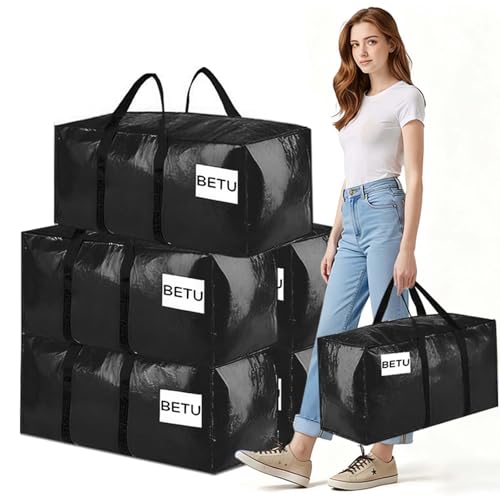 Extra Large Storage Bags Moving Bags Heavy Duty with Zipper Handles, BETU 6 Pack Clothes Storage Totes Bins Packing Moving Boxes, Moving Supplies for College Dorm Essentials, Space Saving, Black