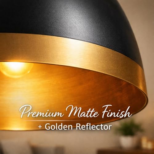 Image of DarkVision Modern Metal Black with Gold Shade Hanging Pendant Light Dome Shape with Adjustable Cord Ceiling Fixture for Kitchen Island, Bedroom, Living Room, Balcony, Dining Area (Bulb Included)