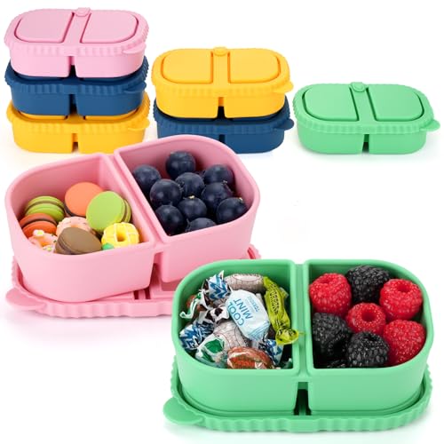 VZZNN 8 Pack Reusable Silicone Snack Containers with Lids - 2 Compartments Bento Snack Box (4 Colors) for School, Office and Picnic Ideal Portable Small Food Storage Box