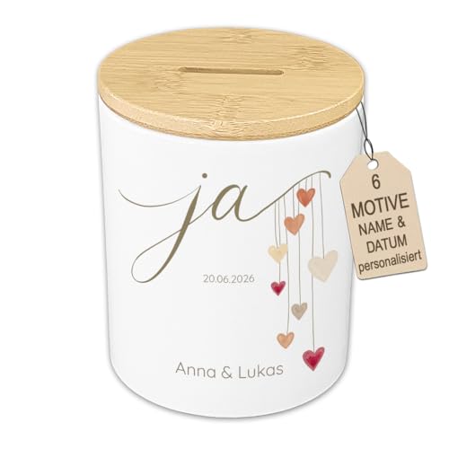 Personalisierte Spardose Hochzeit mit Namen & Datum Geldgeschenk Brautpaar aus Keramik & Holz Boho Erinnerungsbox Alternative zum Umschlag