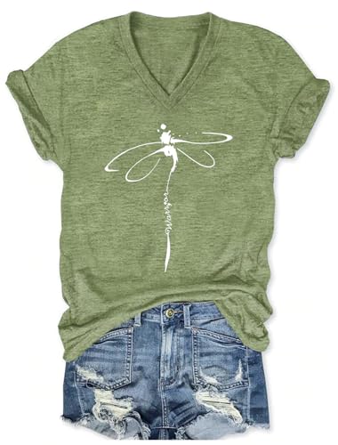 Women's T-Shirts V-Neck Dragonfly Tee Cute Summer Graphic Shirts Vintage Boho Flowers Short Sleeve T Shirt (Green, Medium)