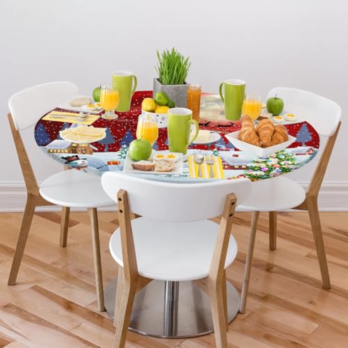 Fitted Round Tablecloth with Elastic Edge Christmas Snowflake Snowman Circle Table Cover Stain Wrinkle Resistant Washable 45-50 Inch Tablecloth for Kitchen Outdoor Party Picnic Decor