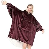 Wearable Blanket Oversized, ONME Microfiber & Sherpa Wearable Hoodie Blanket with Pocket, for Adults & Teen, Enlarged, Thicker, One Size Fits(Red)