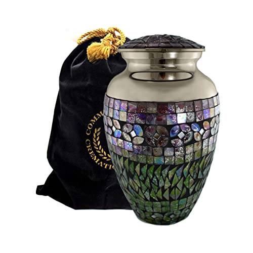 Cracked Glass Mosaic Silver Urn - Cremation Urns for Human Ashes Adult for Funeral, Burial, Niche, or Columbarium Cremation - Urns for Adult Ashes - Cremation Urns for Human Ashes - Large