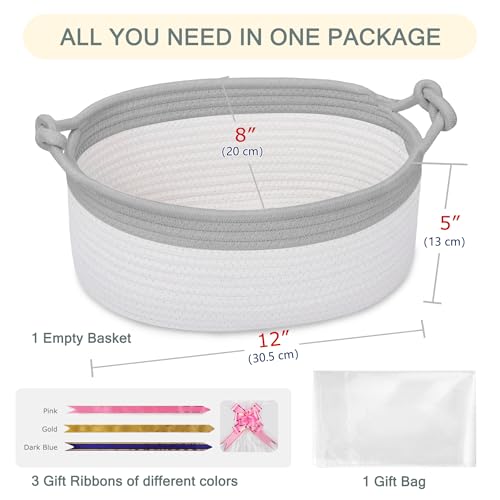 Image of COMSE Small Gift Basket Empty with Bag & Ribbons, Cool Gray & White
