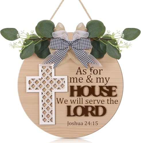 TOARTi Christian Cross Front Door Sign Wreath (11.4"x11.4"), Bible Verse Joshua 24:15 We Will Serve The Lord Wall Sign Hanging, Religious Home Wooden Door Decoration for Housewarming