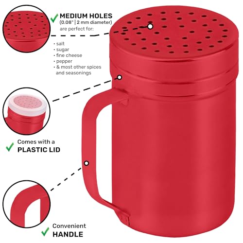 Image of CUSINIUM 14oz Red Stainless Steel Salt Pepper Dredge Shakers - With Plastic Cap - With Handle - Pack of 2