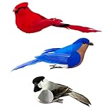 Halobirdsir Fake Birds Clip on Bird Ornaments Assorted Realistic Red Cardinal Bluebird Gray Chickadee 3pcs Feathered Song Bird Figurines for Christmas Tree Decoration Wreath Craft Xmas Party Decor