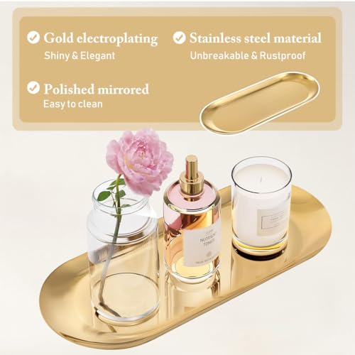 Image of HASTHIP 2Pcs Enlarged Golden Rectangular Trays Stainless Steel Bathroom Tray Set,Multipurpose Organizer for Vanity,Makeup,Perfume,Jewelry,Skincare,Durable & Rustproof,Ideal for Home Decor,30x12cm