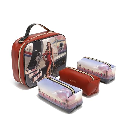 Nicole Lee Travel Handbag Crossbody Set with 3 Fashion Print Makeup Pouches, Women's Cosmetic Toiletry Organizer (Travel in Fashion)