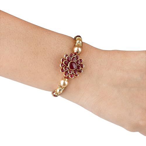 Image of Riddhika Ventures Alluring Gold Plated Floral and Pearl Rakhi (Bracelet) with Roli Chawal & Greeting Card