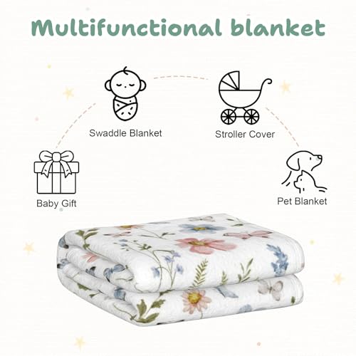 Image of Wildflower Baby Blanket, Soft Flannel Bohemian Newborn Blanket, Cozy Unisex for Boys & Girls, Lightweight Stroller & Crib Blanket 30x40