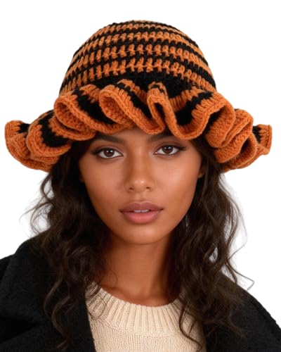 Image of Women Crochet Bucket Hat Cute Winter Ruffled Brim Floppy Cap Handmade Knit Cloche Hats