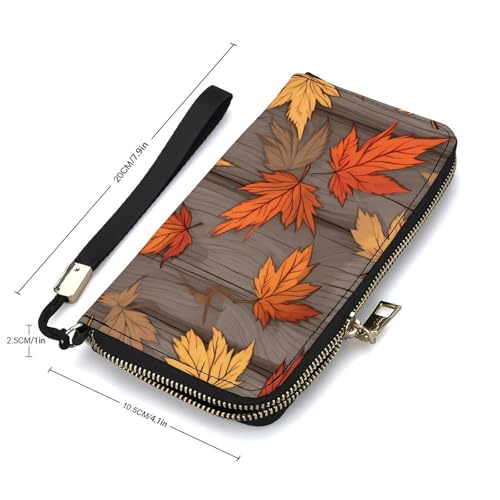 Maple Leaves on Rustic Wooden Board Autumn Leather Wallet Fashion Bifold Purse Long Pouch with Wrist Strap for Men Women2