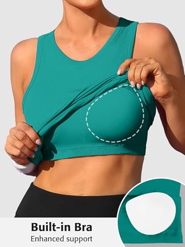 Image of ATTRACO Ribflex Workout Tank Tops for Women Seamless Full Length Gym Tops Athletic Yoga Top Built in Bra