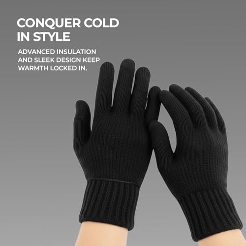 Image of Bindian Unisex Winter Thermal Insulated Knitted Gloves with Touch Screen Capability | Warm & Soft Acrylic Wool Handwear for Men & Women | Ideal for Cold Weather, Driving, and Office Use (Black)