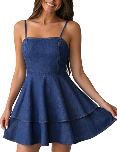 FOMELY Denim Dress for Women Ruffle Sexy Spaghetti Strap Backless Mini Jean Dress Dark Blue