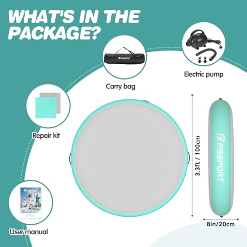 FBSPORT Inflatable Air Gymnastics Mat Training Mats 3.3ft Training Mats with Pump, 8 inches Thickness Gymnastics Mat for Home/Training/Cheerleading/Yoga/Water Use (Green)