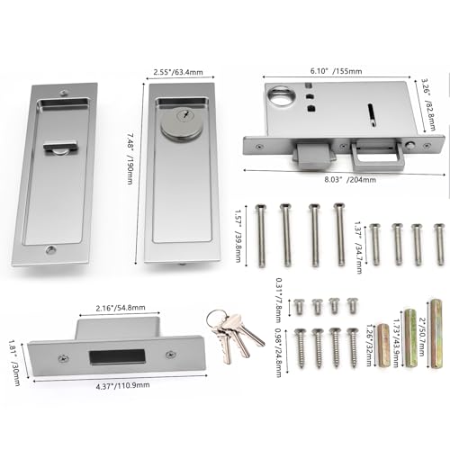 Rectangular Pocket Door Mortise Lock and Edge Pull, Narrow Modern Sliding Door Pop-Up Handle, (Bed/Bath) Pull Latch, Recessed Hardware for 1 3/8” to 2 3/16” Thickness (Keyed Lock, Brushed Nickel) by Dontay - Image 2